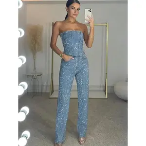 Diamond Vest Jeans Set For Women Sleveless Tube Tops High Waist Pocket Denim Pants Suit Female 2025 Spring Summer Lady Bodysuit