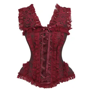 Top Drawer Red/Black Brocade & Lace Steel Boned Corset w/Cap Sleeves