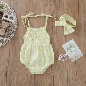Newborn Infant Baby Girl Bodysuit Sleeveless Spaghetti Strap Tie Romper Jumpsuit with Headband Summer Clothes Set 0-24M