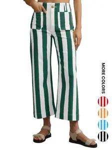 Aswulk Womens Cropped Striped Jeans Casual High Waisted Stretchy Straight Leg Denim Pants with Pockets