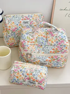 3pcs Floral Pattern Cosmetic Bags, Quilted Travel Toiletry Bag, Large Capacity Makeup Bag Set, Bohemian Style Organizer Pouch