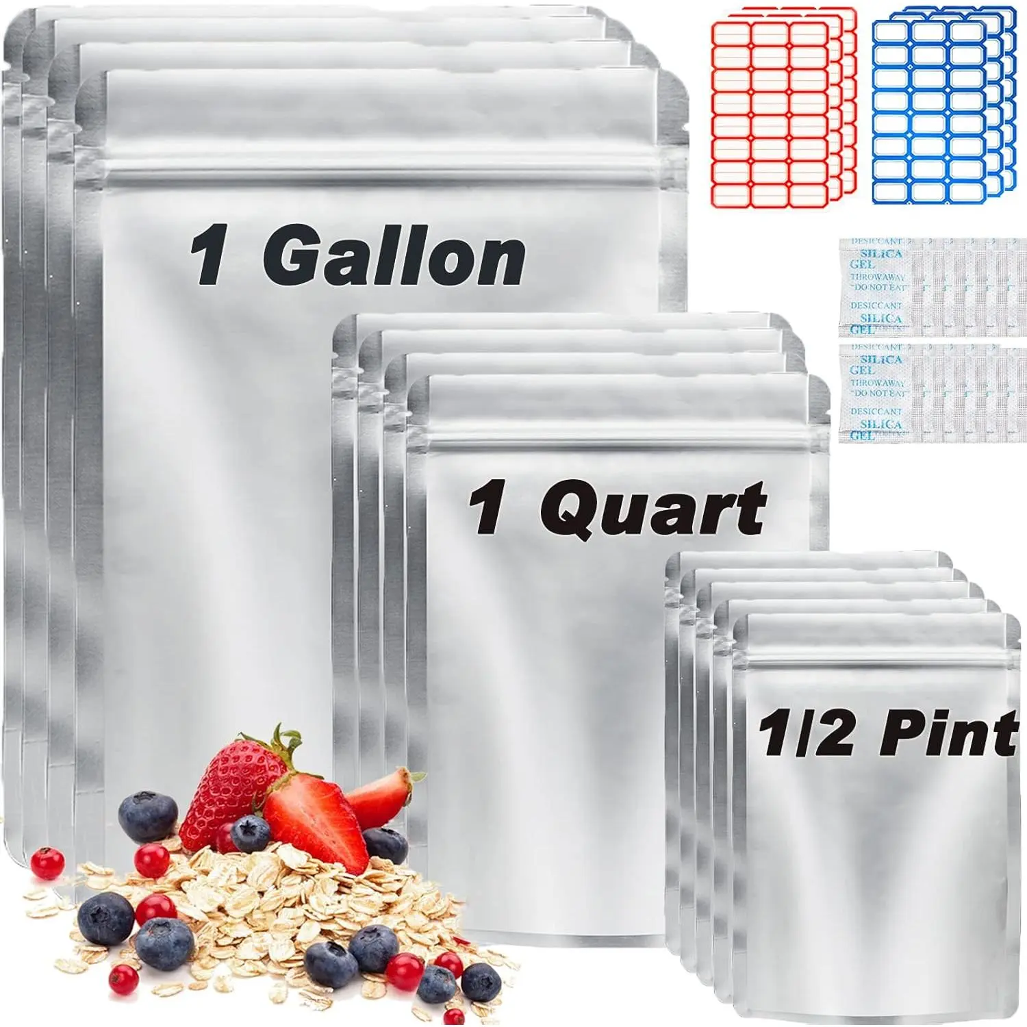 100 Pack Mylar Bags for  Storage with  Absorbers, 1 Gallon 9.4 Mil 10"x14", 7"x10", 5"x7" Stand-Up Zipper Pouches Resealable Mylar Bags for Long Term  Storage (144 Labels)