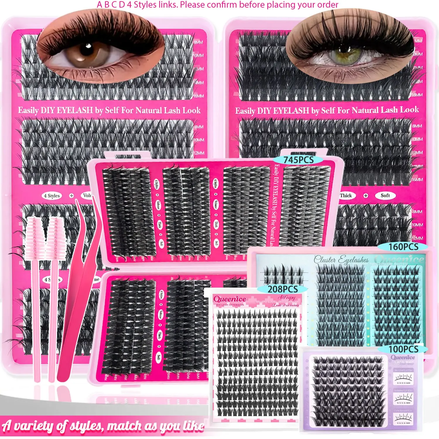DIY Eyelash Clusters, Cluster False Eyelashes, 754/100pcs, individual lash cluster, with tweezers&2 brushes, Wet look/Spiky, mixed style 30D-150D, D curl, natural false lashes, beginners, Daily, stage makeup, False Eyelash Set