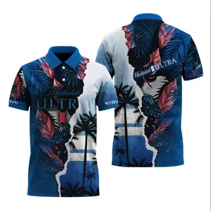 Michelob Ultra Inspired Tropical Torn Paper Polo Shirt – Blue Palm Leaf Beach Graphic Performance Polo, Summer Beer Theme Short Sleeve Golf Shirt, Breathable Athletic Casual Top for Men, Vacation Party Outfit, Beer Lover Gift