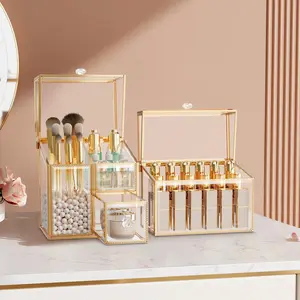 Glass Makeup Organizer Set - Vanity Organizer with 18-Slot Lipstick Organizer & Makeup Brush Holder with Lid - Skincare, Perfume &  Storage for Bathroom or Dresser