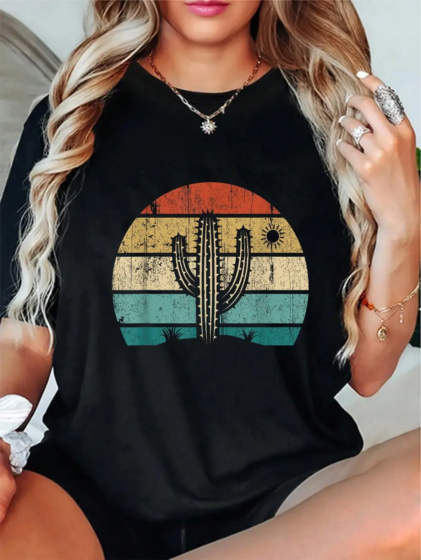 100% Cotton Retro Vintage Saguaro Cactus Cactus Sunset Opuntia Cactaceae T-Shirt Short Sleeve T-Shirt Women's Men's Graphic Tee Causal Tops