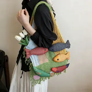 2026 New Trendy Patchwork Fish Handbag, Knitted Tote Bag for College Students, Large Capacity Commuter Bag for Women