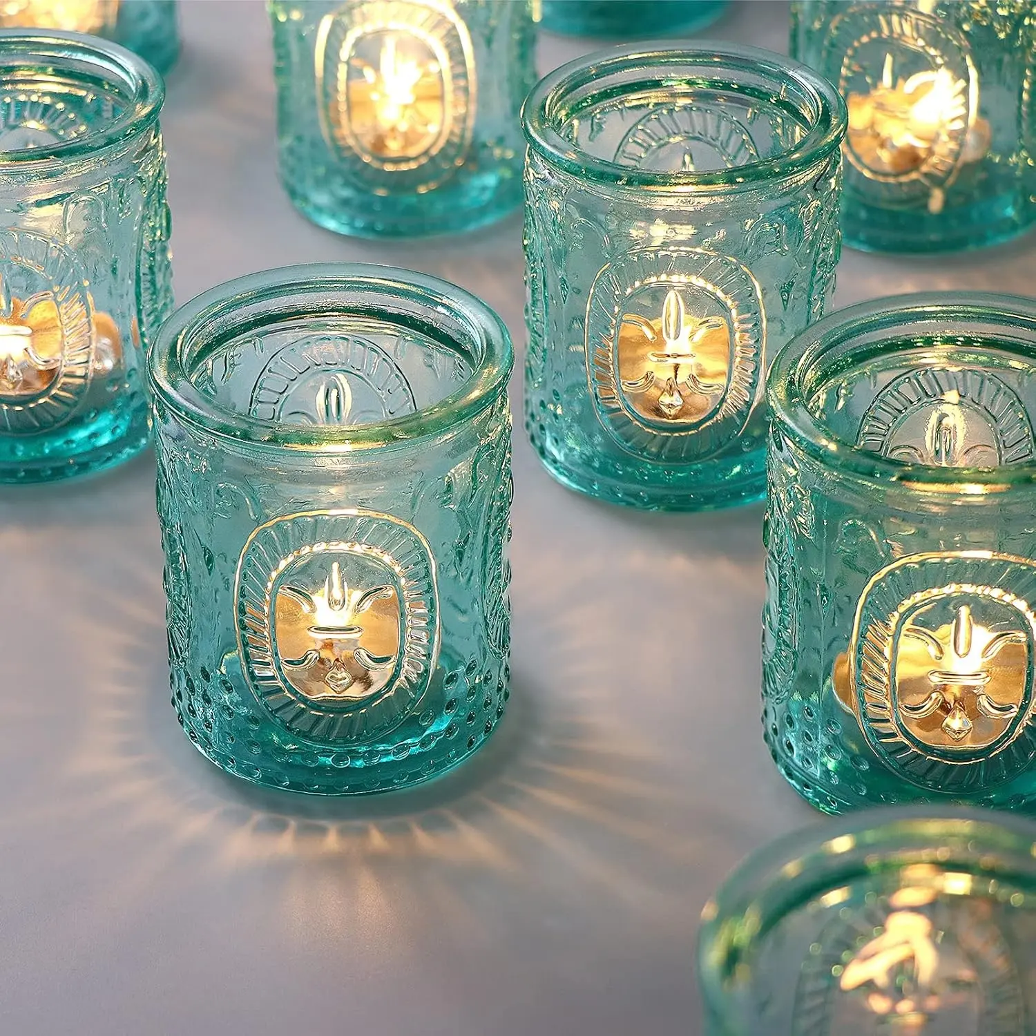 Blue Votive Candle Holders Set of 12 | Vintage Blue Tealight Candle Holders, Teal Candle Holder for Wedding Home Decor, Embossed Candle Votives