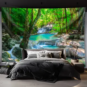 60in x 40in 1pc Fresh Forest Waterfall Tapestry, Aesthetics Large Size Polyester Tapestry, Suitable For Parties And Festivals, Psychedelic Wall Art, Stunning Hanging Art, With Free Accessories