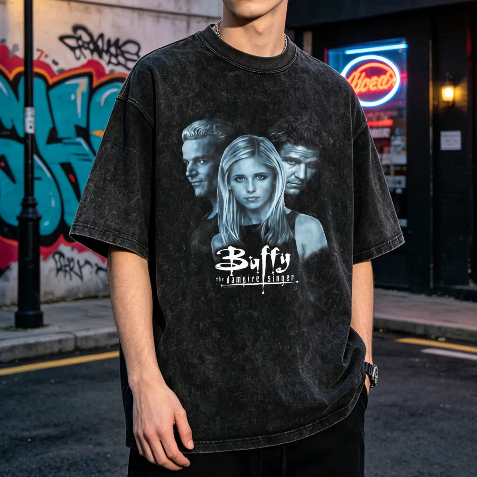 Men's Vintage Buffy The Vampire Slayer Graphic Print T-Shirt - Menswear Tops, Soft Oversized Round Neck, Short Sleeves, Casual Relaxed Fit Streetwear, Short Sleeve Tee