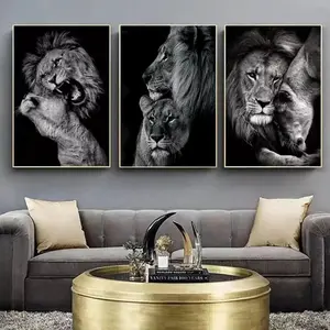 3 Pieces Optional Wooden Frame Black White Wildlife Lion Canvas Painting Lion Family Wall Poster Print Modern Wall Art Picture Living Room Home Decor Living Room Sofa Background Mural High Gram Weight Thickened Wall Painting