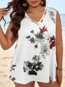 Plus Size V Neck Sleeveless Vest, Artistic Ink Floral Print, Loose Fit Comfortable Breathable, Casual Summer Women's Top