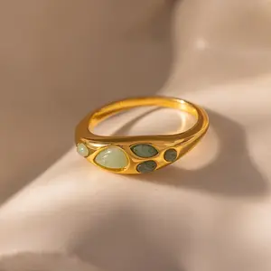 Jade Dewdrop Ring by Caitlyn Minimalist - Mixed Jade Curved Signet Ring - Green Gemstone Dome Ring in Gold - Gift for Her