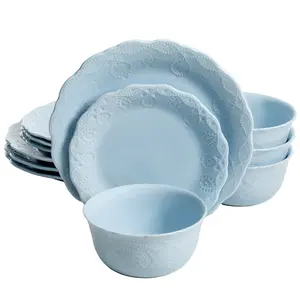 Cowgirl Lace 12-Piece Dinnerware Set, Light Blue Bowls Cutlery