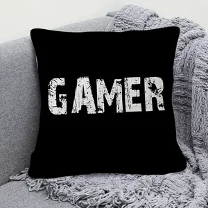 Double-sided 1pcs Game Player Decorative Pillow, black with white "GAMER" lettering, soft plush material, zipper closure, machine washable, suitable for decoration in living rooms, bedrooms, offices, and game rooms, game-themed design, easy to care for