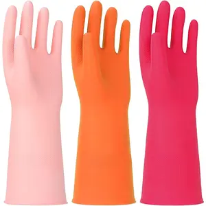 3 Pairs Rubber Cleaning Gloves Latex Free Dishwashing Gloves - 13"   Gloves Large, Orange+Pink+Red