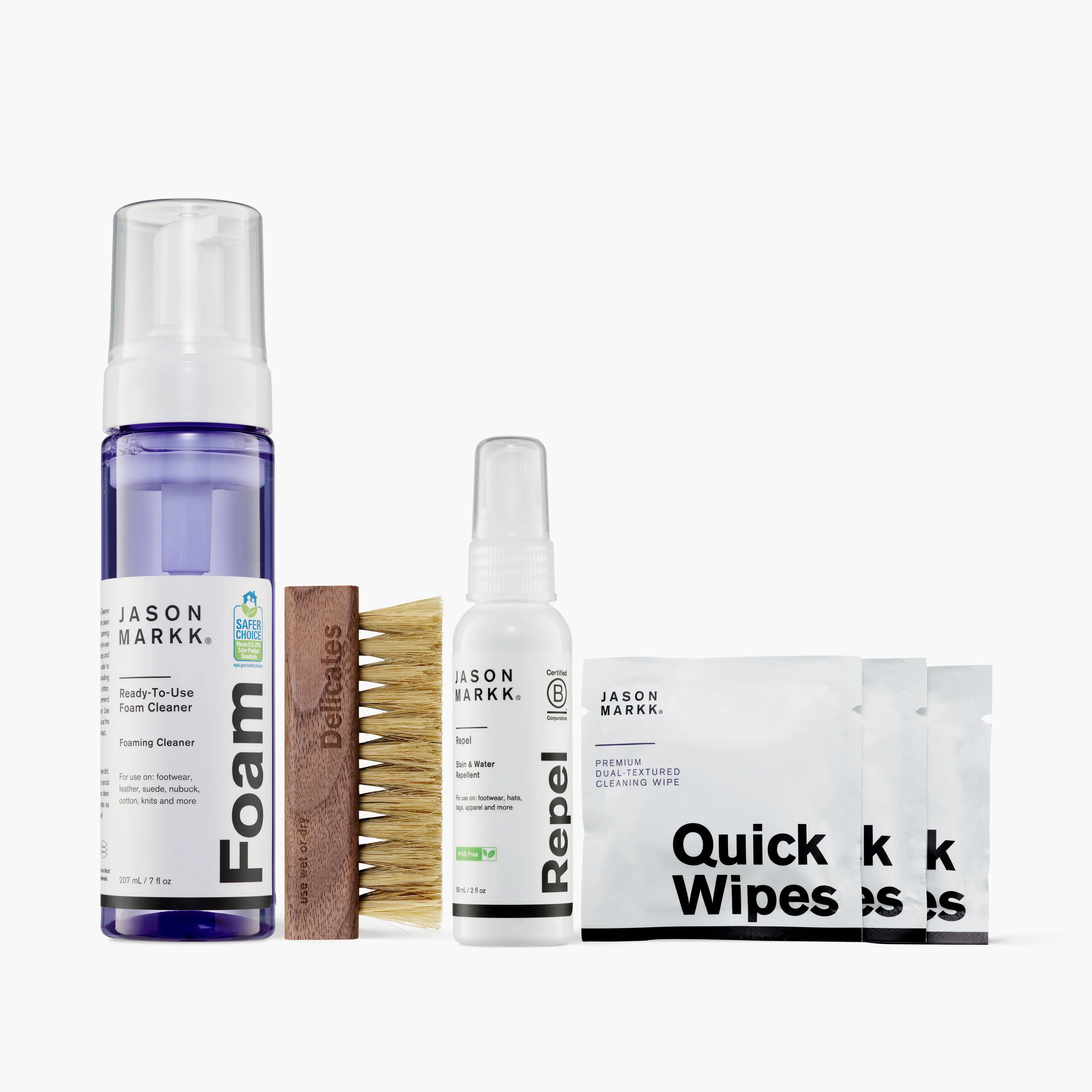 Jason Markk Care Kit for Leather, Suede & Canvas Footwear | 4-Piece Set with Foam Cleaner, Suede Protector Spray, Premium Brush & Wipes, Footwear Cleaner, Sneaker Cleaning Kit