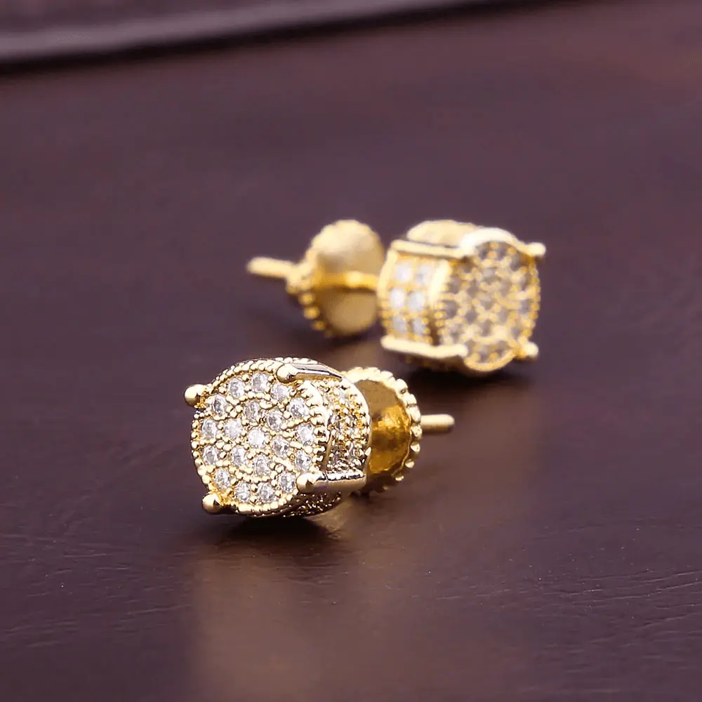 Silvery Hip-Hop Men'S Earrings Featuring Synthetic Zirconia with Micro-Setting and Color Plating in A Round Design.