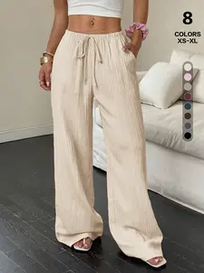 American Style Loose Fit Striped Trousers, High Waist Drawstring Casual Long Pants, Breathable Pocket Design, Summer Women's Clothing