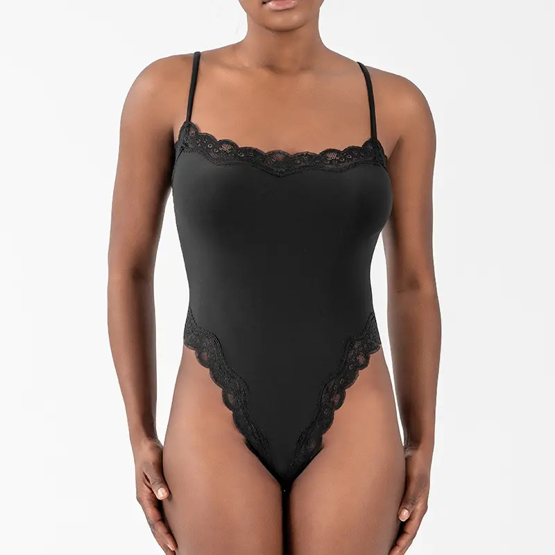 [50%+OFF Today] Lace Series Women's Spaghetti Strap Lace Trim Breathable Bodysuit, Slim-Fitting Chic Playsuit, Seamless Sexy Nightdress