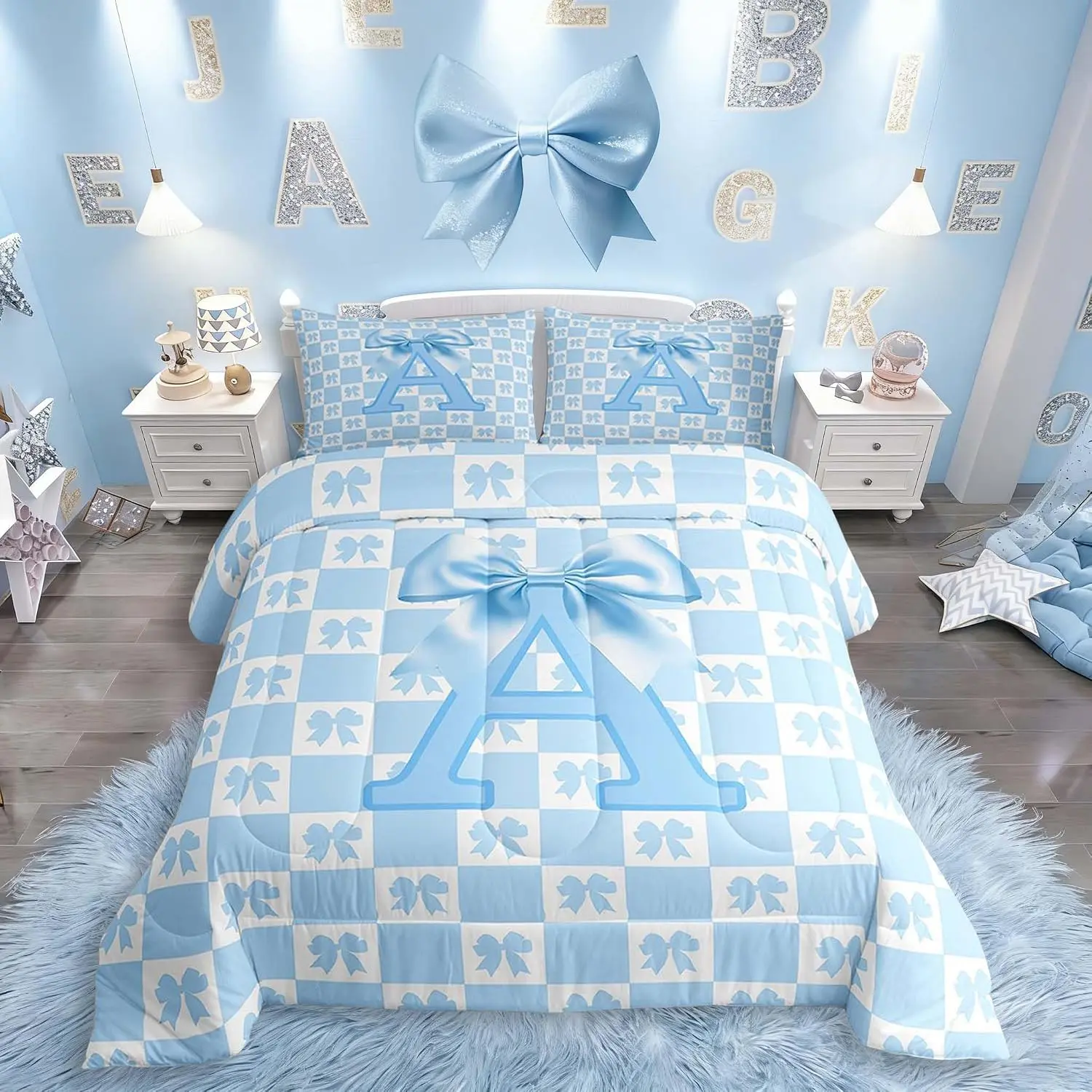 Cute Blue Bowknot Comforter Set Monogrammed Bedding Set Personalized Initial A Duvet Quilt Bedroom Blue White Patchwork Decor Microfiber Ultra Soft Breathable