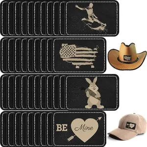 60 Pcs Blank Leatherette Hat Patches with Adhesive Rustic Leatherette Rectangle Patch Faux Leather Patches for Hats Custom Fabric Repair Sew Laser Supplies (Black,3 x 2 Inch)