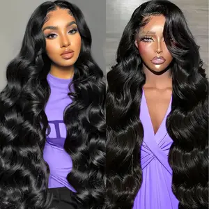 200% Density 28 Inch 13x6 Body Wave Lace Front Wigs Human Pre Plucked Body Wave Wig 100% Real Human Hair No Synthetic Blend No Tangle No Shedding Triple Lifespan 3X Natural Black 99J Burgundy Chocolate Brown