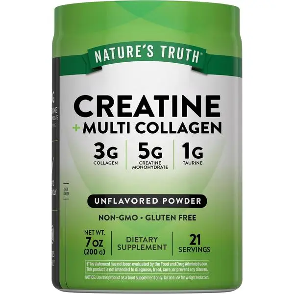 Nature's Truth Creatine & Collagen Powder | 7 oz | Unflavored | 5 g Creatine Monohydrate | Multi Collagen Peptides | Keto Friendly, Non-GMO & Gluten Free Supplement