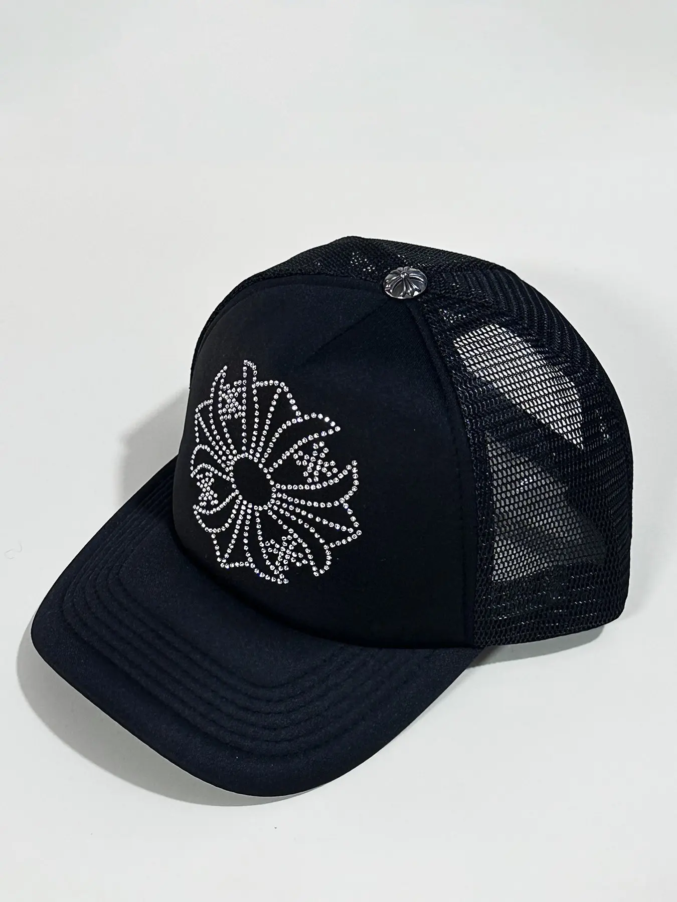 Breathable Mesh Trucker Hat with Rhinestone Cross Flower Print, Adjustable Baseball Cap, Casual Street Style, Sun Protection for Men Women