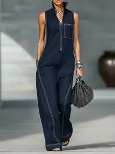 Women's Casual Loose-Fitting Jumpsuit, Sleeveless Zipper Design, Solid Color, All-Season Wear, Perfect for Office & Parties