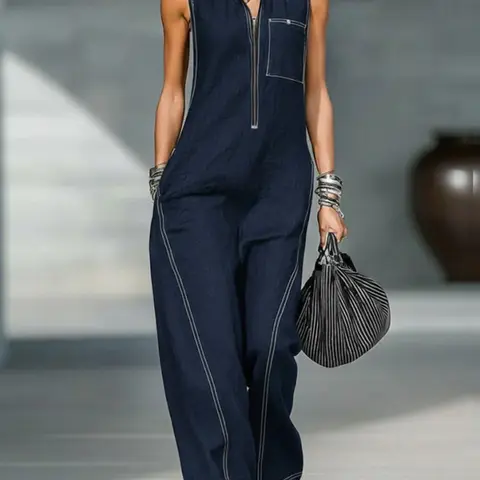 Women's Casual Style Loose-Fit Jumpsuit Overalls, Sleeveless Zipper Design, Zip Front Overalls, Solid Color, All-Season Wear for Office and Parties, Womenswear