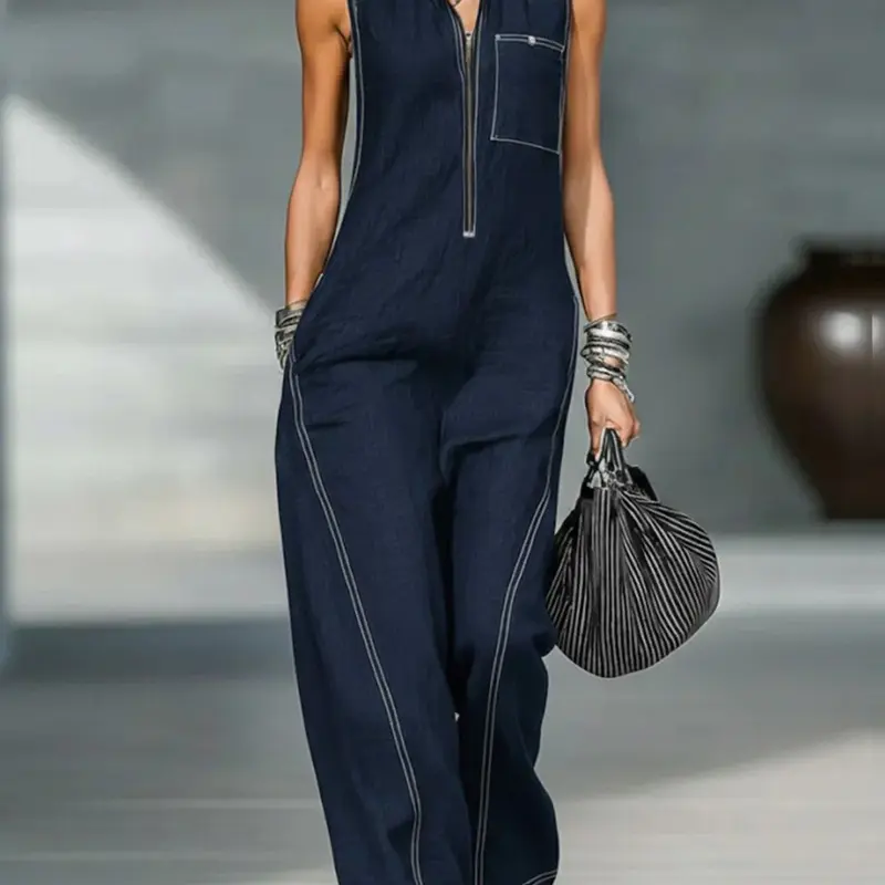 Women's Casual Style Loose-Fit Jumpsuit Overalls, Sleeveless Zipper Design, Zip Front Overalls, Solid Color, All-Season Wear for Office and Parties, Womenswear