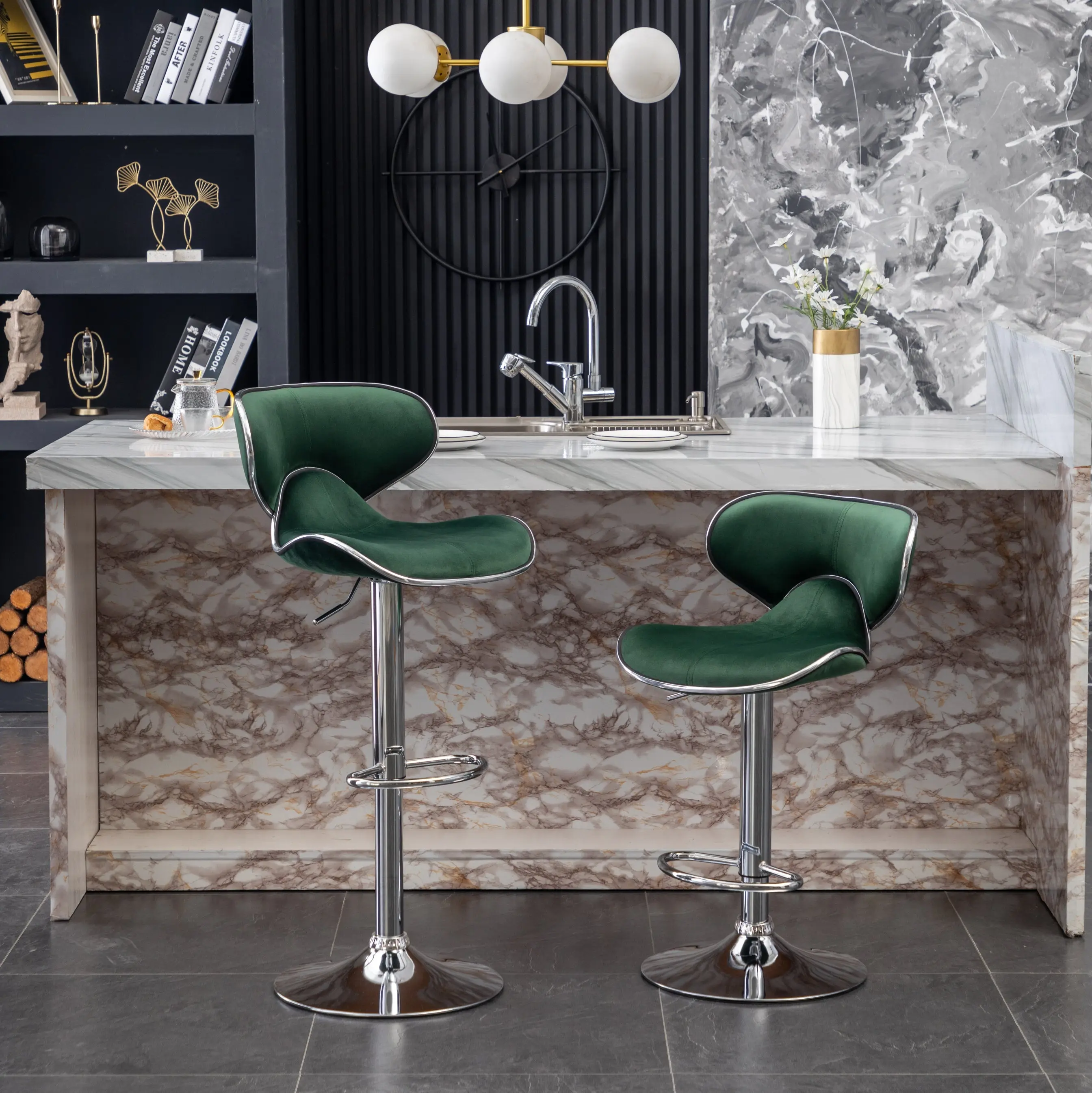 Masaccio Velvet Upholstered Adjustable'swivel Barstool, Set of 2, Green Masaccio Velvet Upholstered Adjustable'swivel Barstool, Set of 2, Green