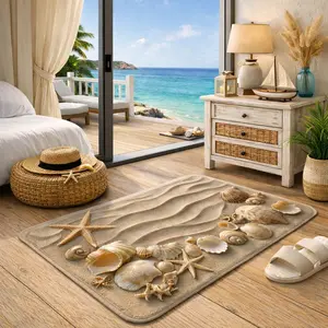 Seashell Beach Floor Mat, Machine Washable Non Slip Bath Mat, Ocean Style Bathroom Rug, Soft Absorbent Quick Dry Door Mat, Bedroom Kitchen Entryway Carpet