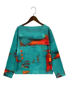 Women's Abstract Art Print Knit Sweater, Round Neck Long Sleeve Loose Fit Top, Spring Summer Thin Breathable Pullover, Modern Urban Style