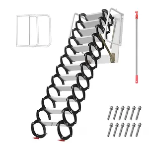 10FT Foldable Wall-Mounted Attic Ladder, 12-Step Heavy Duty 1102 LBS Ti-Mg Alloy Pull Down Ceiling Stairs with Handrails, Anti-Slip Retractable Loft Ladder for Attic, Garage & Basement Use