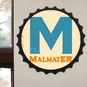 Retro Vintage Malmater Bottle Cap Metal Sign, Bold Blue M and Text, Kitchen Bar & Man Cave Decor, Nostalgic Charm