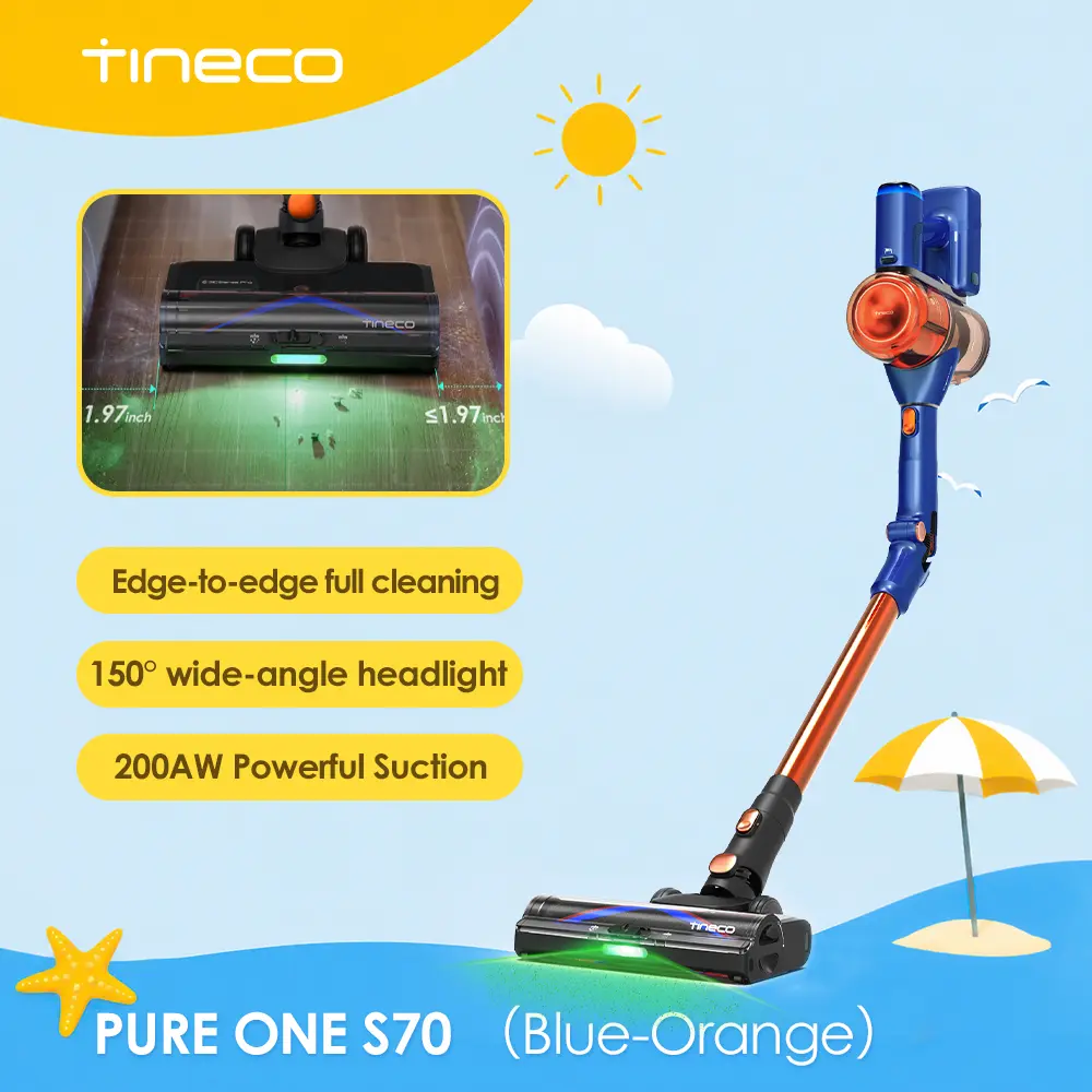 Tineco Pure ONE S70 (Orange) Cordless Vacuum Cleaner, 200AW Powerful Suction, 3D Sense Pro Cleaning System, 6-Stage Filtration with 95min Runtime, Zero Tangle Brush with 180° Foldable Tube summerwins