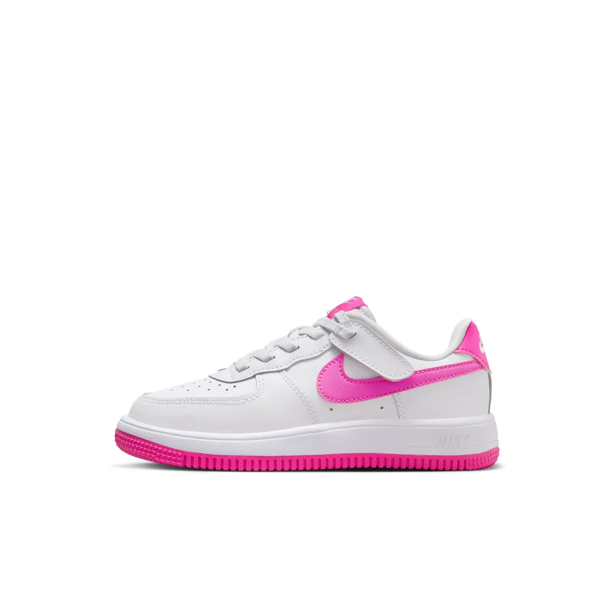 NIKE Force 1 EasyOn Child-Sized Low Ankle Fashion Trainers - Kids' Color Block Round Toe All Seasons Flat Heel Shoes Sneakers, White/Magenta Fuchsia, 6-7 Years