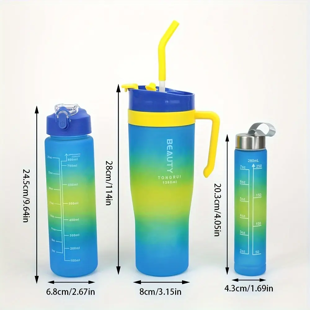 3-Piece Set Large Capacity Gradient Plastic Water Cup Suit-Durable, Leak-Proof, Portable, Free of Phenol A, Suitable for Sports, Travel and Outdoor Fitness-1380/46.6 Oz, 800 Ml/27 Oz and 280 Ml/9.5 Oz Size, Easy to Carry Design and Secure Screw Cap 3-Piece Set Large Capacity Gradient Plastic Water Cup Suit-Durable, Leak-Proof, Portable, Free of Phenol A, Suitable for Sports, Travel and Outdoor Fitness-1380/46.6 Oz, 800 Ml/27 Oz and 280 Ml/9.5 Oz Size, Easy to Carry Design and Secure Screw Cap
