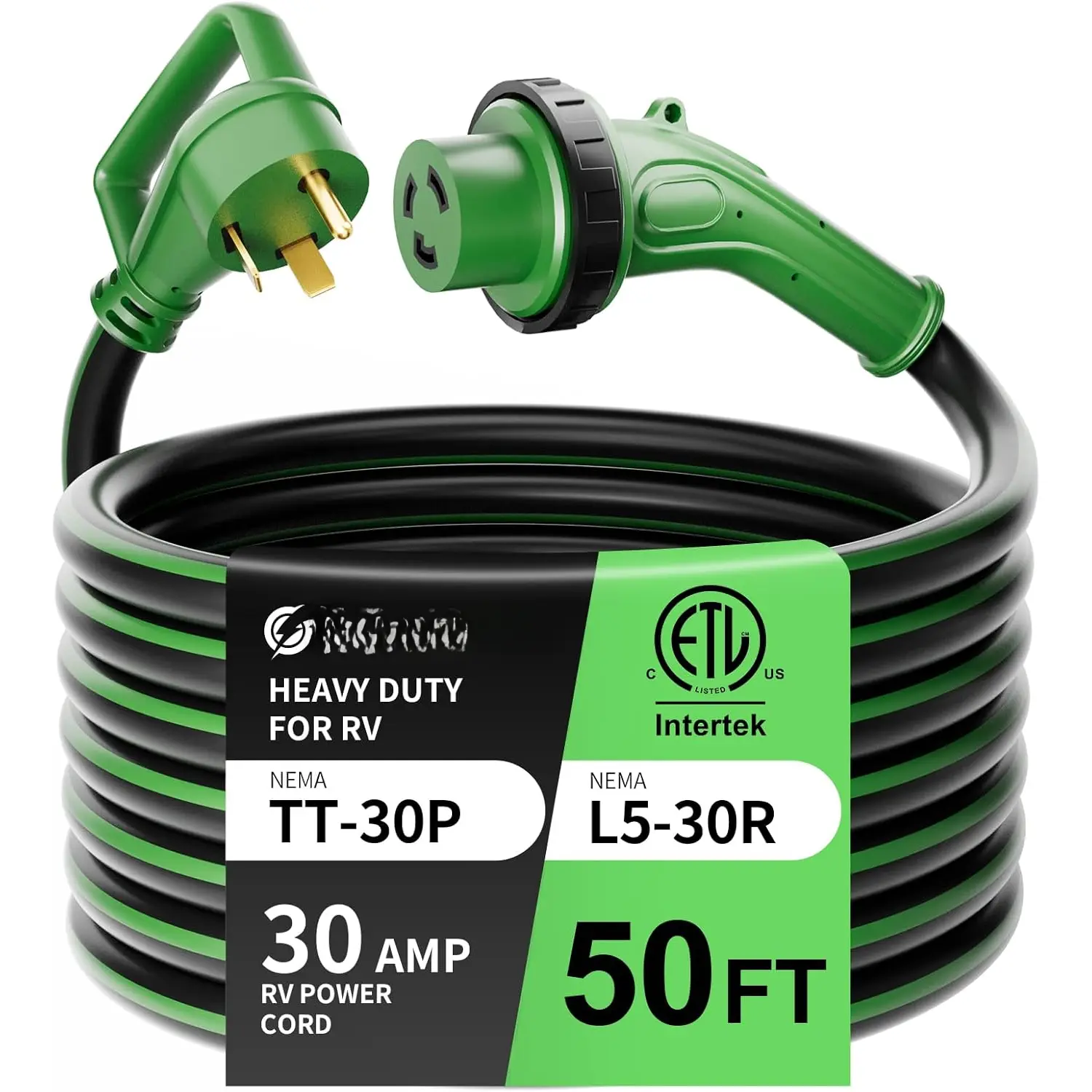 30 Amp 50  RV Power Cord, Heavy Duty 10 Gauge STW Cord with LED Power  Twist Connector, NEMA TT-30P to L5-30R with Cord Organizer for RV Trailer Campers, Black&Green, ETL Listed