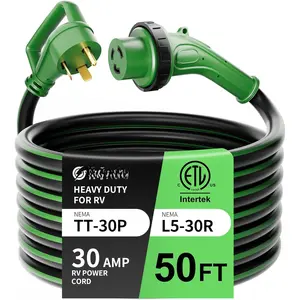 30 Amp 50  RV Power Cord, Heavy Duty 10 Gauge STW Cord with LED Power  Twist Connector, NEMA TT-30P to L5-30R with Cord Organizer for RV Trailer Campers, Black&Green, ETL Listed