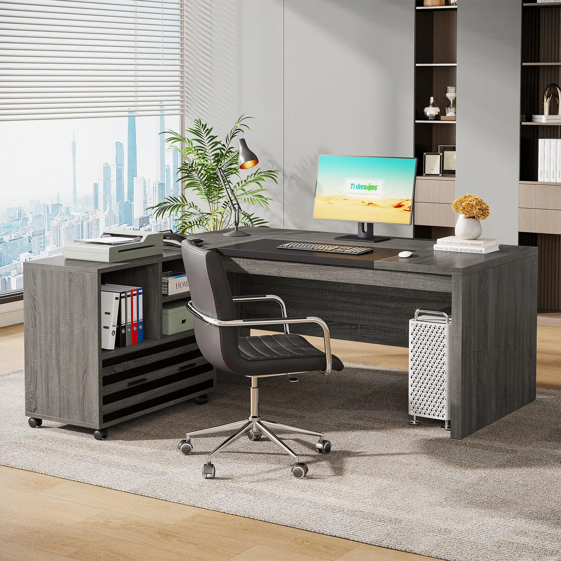 TRIBEWOOD 62.2" Wide Modern L-Shaped Corner Executive Desk - Heavy Duty Table with Thick MDF, 450 lb Capacity, Mobile Filing Cabinet, Storage Shelves, Dual Monitor Setup, Office Inspo, Home Office Ideas, Work from Home Statement Piece, Grey