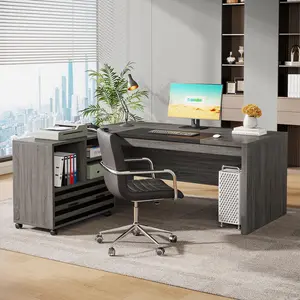 TRIBEWOOD 62.2" Executive Desk with Mobile File Cabinet, L-Shaped Office Desk with Storage Shelves, Large Computer Table Business Workstation Set for Home Office, Grey