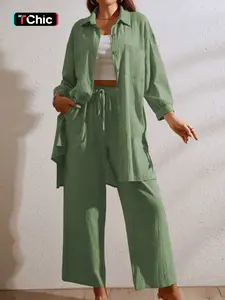 Two-Piece Set Women's Solid Button Front Collared Shirt & Pocket Wide Leg Pants Set, Casual Drop Shoulder Long Sleeve Top & Drawstring Waist Trousers Set for Spring & Fall, Womenswear