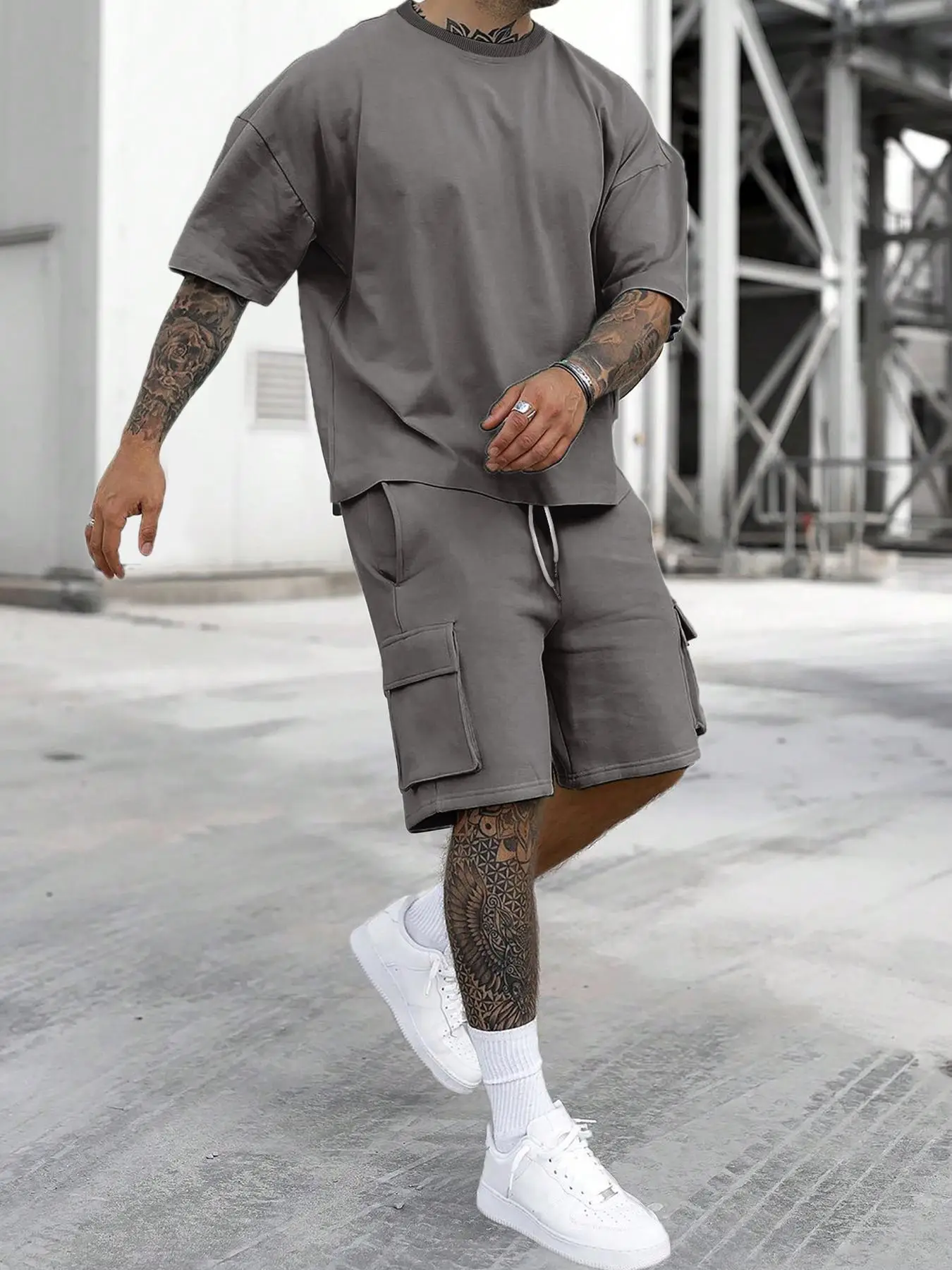 Men's Solid Color Tee & Drawstring Waist Shorts Loungewear Two-piece Set, Regular Fit Breathable and Soft Casual Comfy Round Neck Short Sleeve T-shirt