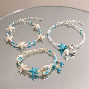 3pcs  beach-themed handmade beaded bracelets Adjustable Beaded Braided Bead Bracelets for Women, Starfish, with Glass Seed Beads