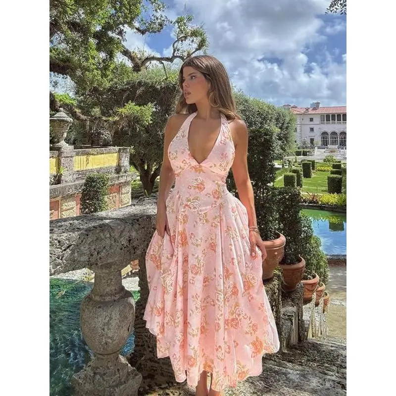 Women's Floral Print Tie Back Halter Dress, Elegant Sleeveless Backless A Line  Dress for Party Holiday Wedding Guest, Ladies Summer Clothes - TikTok Shop