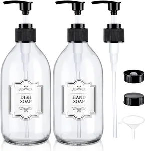 Glass Pump Bottle Dispenser 16 oz Shampoo Lotion Bottle with Pump for  Oil500ml Glass Bottles with 1 Extra Pump Tops, Black Caps, Labels - 2 Pack