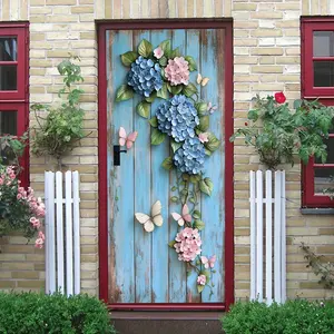 2pcs Hydrangea Flower Wall Stickers with Butterflies and Green Leaves Removable Self Adhesive Waterproof Decorative Stickers for Living Room Bedroom Door Wall Decoration Style Home Decor Art